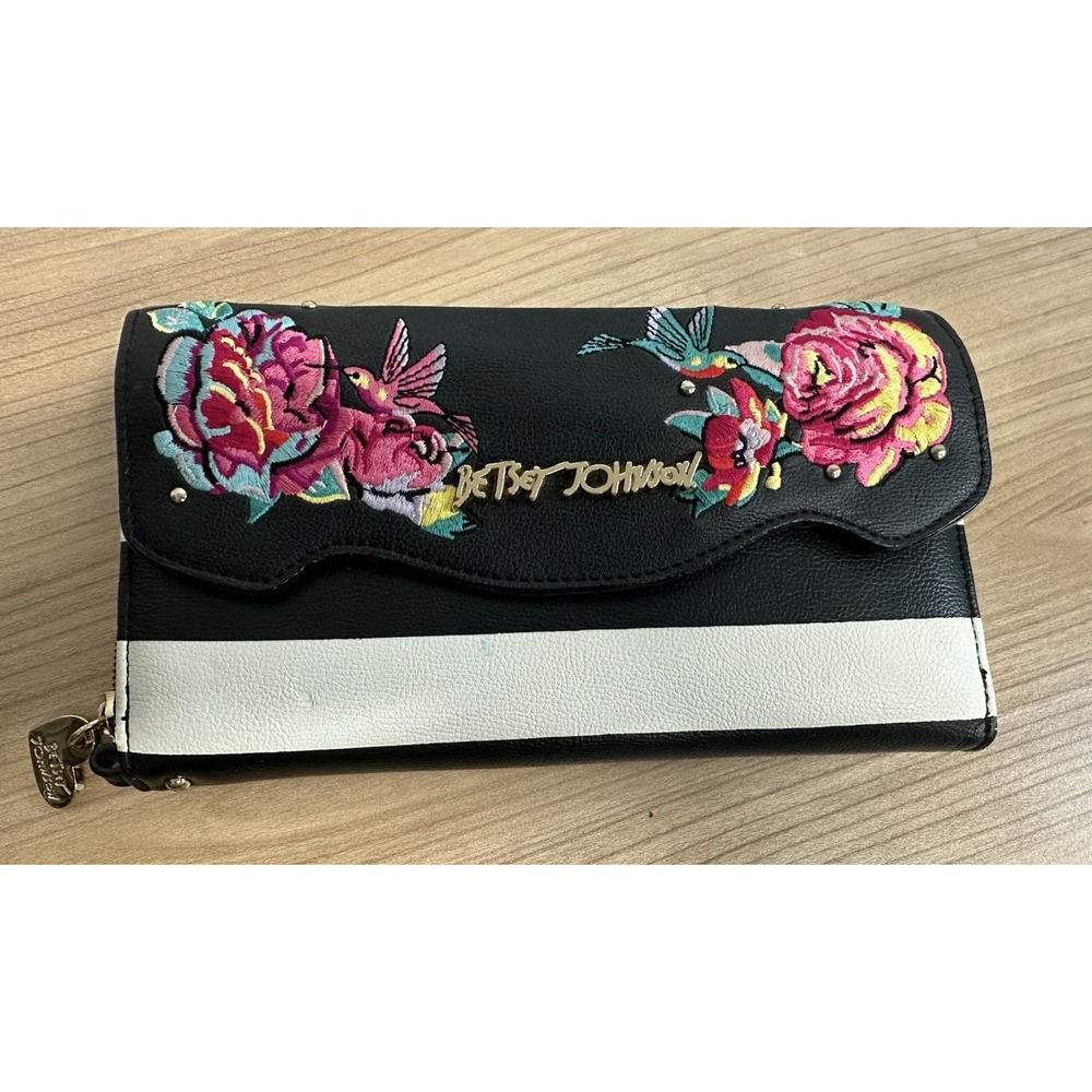 Betsy Johnson Belle Rose Wallet Black White Stripe Embroidered Flowers Birds